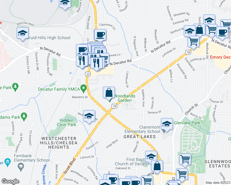map of restaurants, bars, coffee shops, grocery stores, and more near 311 Scott Boulevard in Decatur