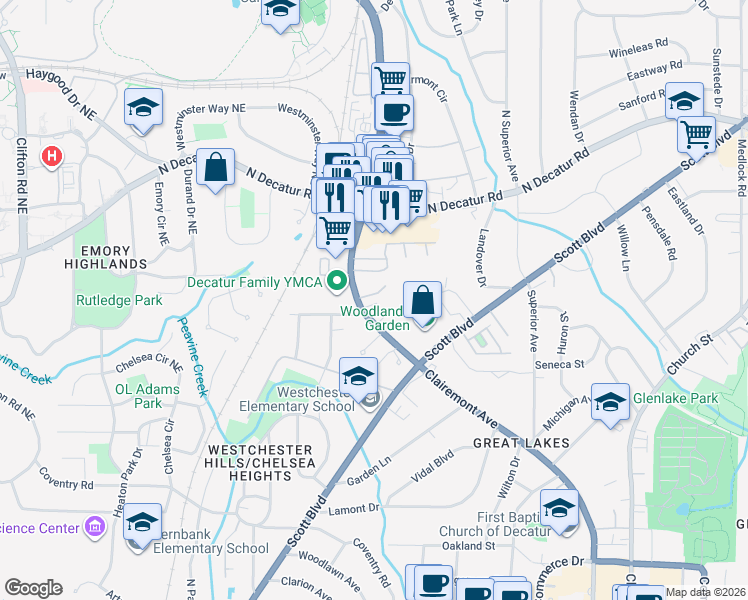 map of restaurants, bars, coffee shops, grocery stores, and more near 1105 Clairemont Avenue in Decatur