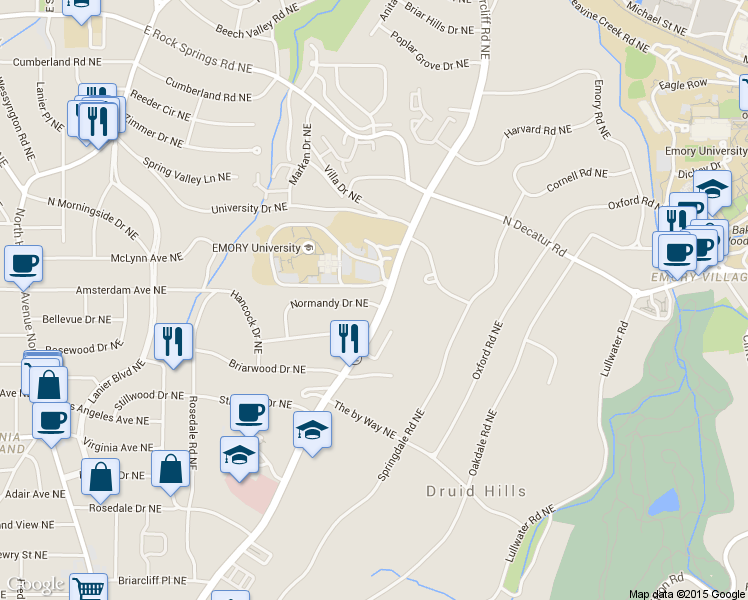 map of restaurants, bars, coffee shops, grocery stores, and more near 1188 Briarcliff Road Northeast in Atlanta