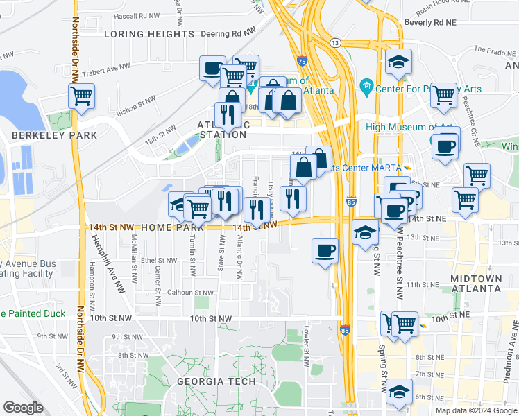 map of restaurants, bars, coffee shops, grocery stores, and more near 1196 Holly Street Northwest in Atlanta