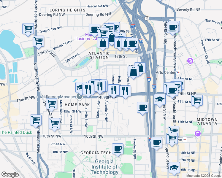 map of restaurants, bars, coffee shops, grocery stores, and more near 1186 Francis Street Northwest in Atlanta