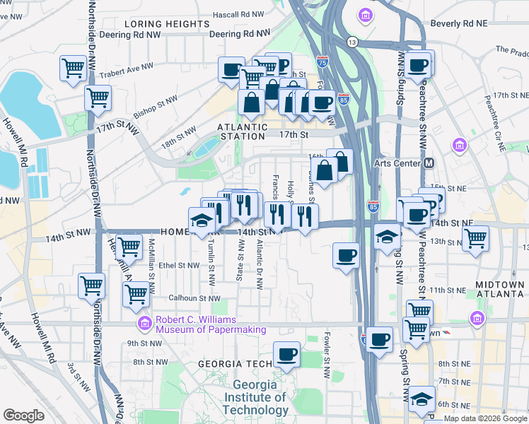 map of restaurants, bars, coffee shops, grocery stores, and more near 1195 Atlantic Drive in Atlanta