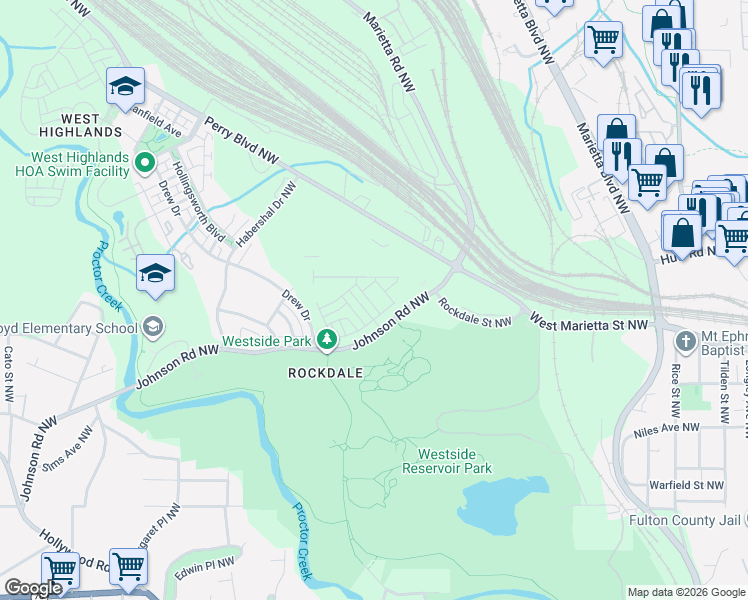 map of restaurants, bars, coffee shops, grocery stores, and more near 1101-1199 Johnson Road Northwest in Atlanta