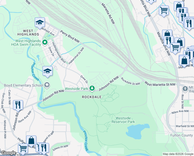 map of restaurants, bars, coffee shops, grocery stores, and more near 1615 Johnson Road Northwest in Atlanta