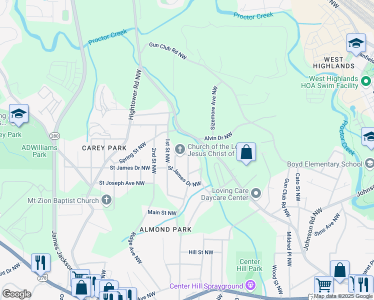 map of restaurants, bars, coffee shops, grocery stores, and more near 2353 North Circle Drive Northwest in Atlanta