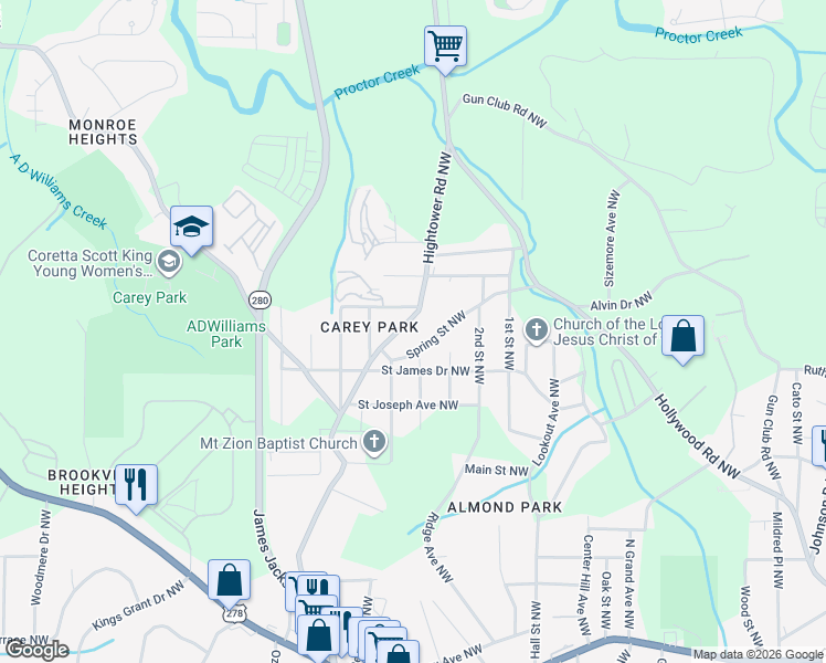 map of restaurants, bars, coffee shops, grocery stores, and more near 1185 Hightower Road Northwest in Atlanta