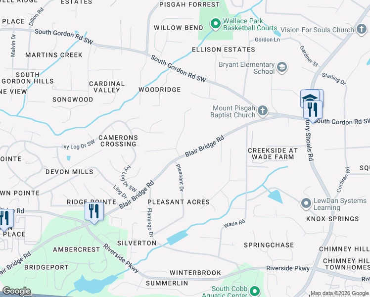 map of restaurants, bars, coffee shops, grocery stores, and more near 1080 Blair Bridge Road in Austell