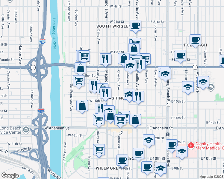 map of restaurants, bars, coffee shops, grocery stores, and more near 1629 Chestnut Avenue in Long Beach
