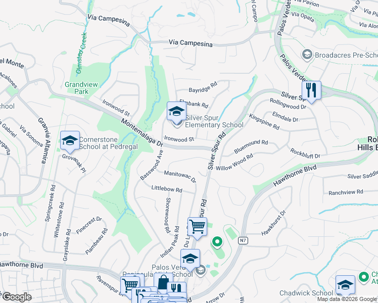 map of restaurants, bars, coffee shops, grocery stores, and more near 5420 Montemalaga Drive in Rancho Palos Verdes