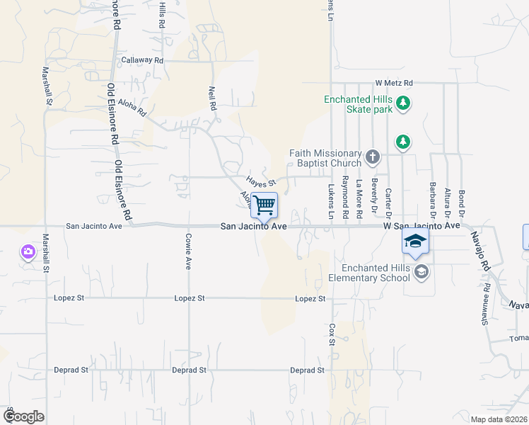 map of restaurants, bars, coffee shops, grocery stores, and more near 22720 San Jacinto Avenue in Perris