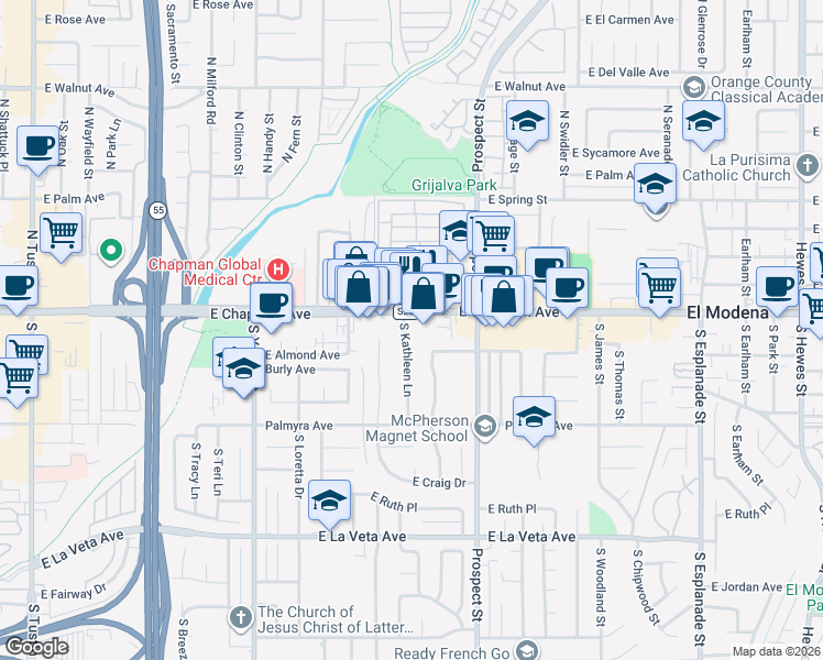 map of restaurants, bars, coffee shops, grocery stores, and more near 129 South Kathleen Lane in Orange