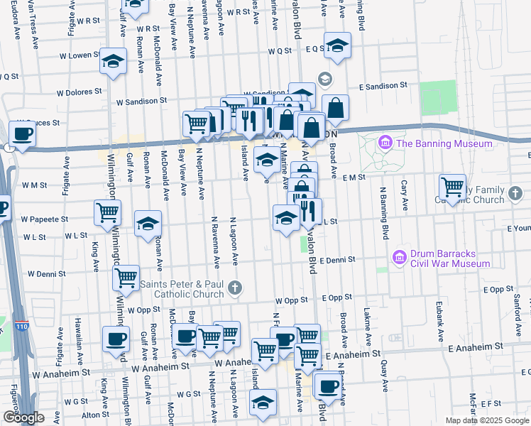map of restaurants, bars, coffee shops, grocery stores, and more near 1229 North Fries Avenue in Los Angeles
