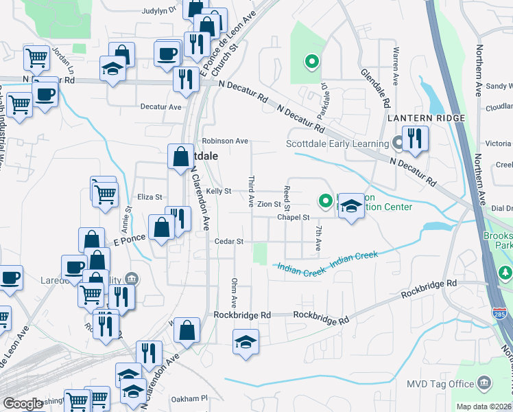 map of restaurants, bars, coffee shops, grocery stores, and more near 3145 Kelly Street in Scottdale