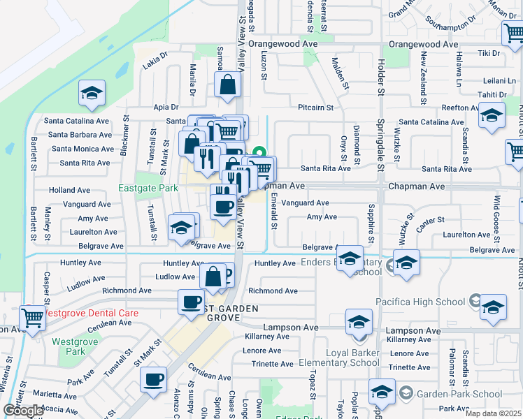 map of restaurants, bars, coffee shops, grocery stores, and more near 12062 Valley View Street in Garden Grove