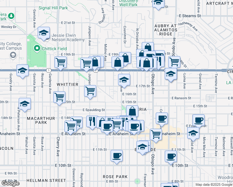 map of restaurants, bars, coffee shops, grocery stores, and more near 1605 Hile Avenue in Long Beach