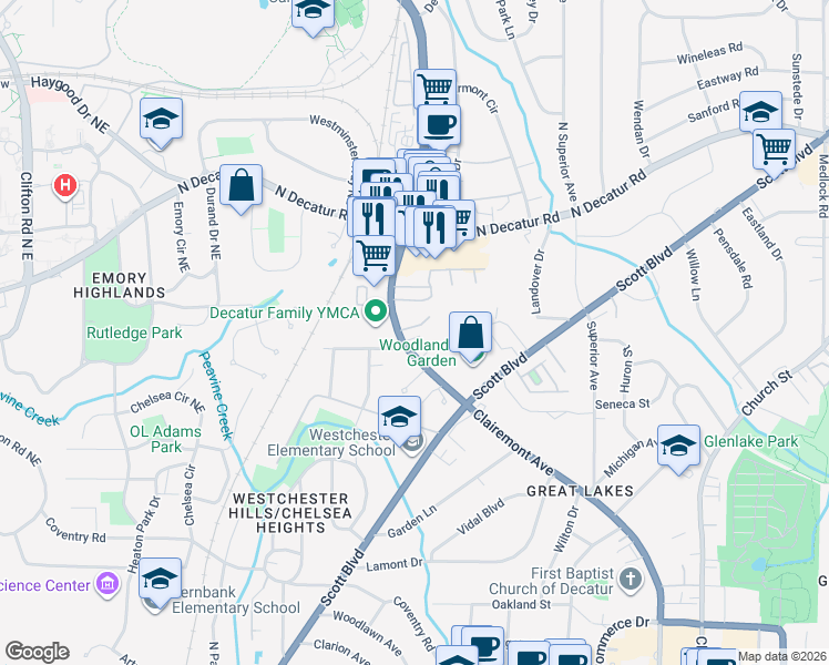 map of restaurants, bars, coffee shops, grocery stores, and more near 1105 Clairemont Avenue in Decatur