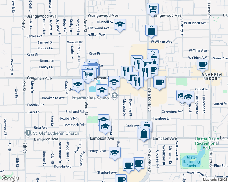 map of restaurants, bars, coffee shops, grocery stores, and more near 12178 Greenleaf Lane in Garden Grove