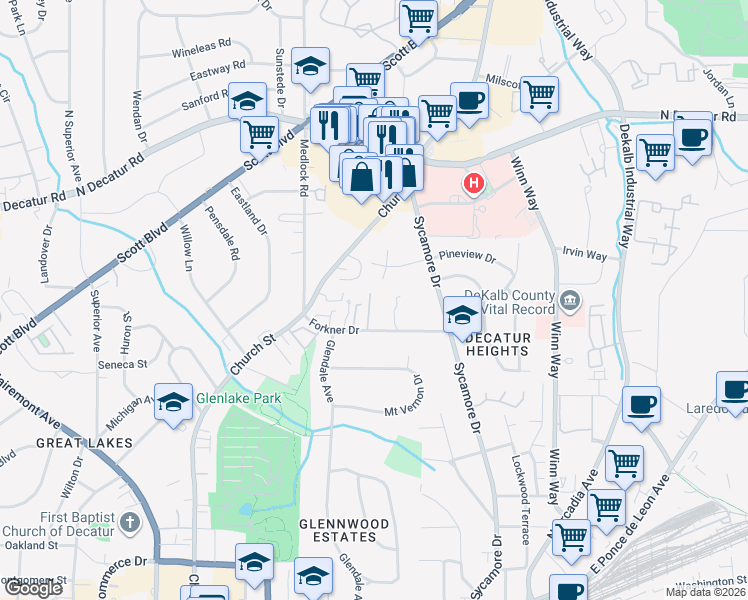 map of restaurants, bars, coffee shops, grocery stores, and more near 419 South Pineview Court in Decatur