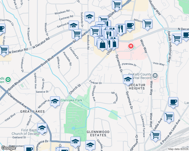 map of restaurants, bars, coffee shops, grocery stores, and more near 1335 Church Street in Decatur