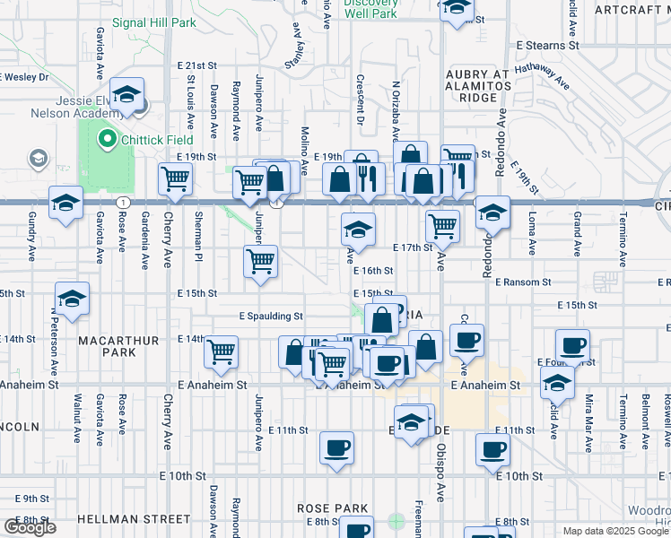 map of restaurants, bars, coffee shops, grocery stores, and more near 1605 Hile Avenue in Long Beach