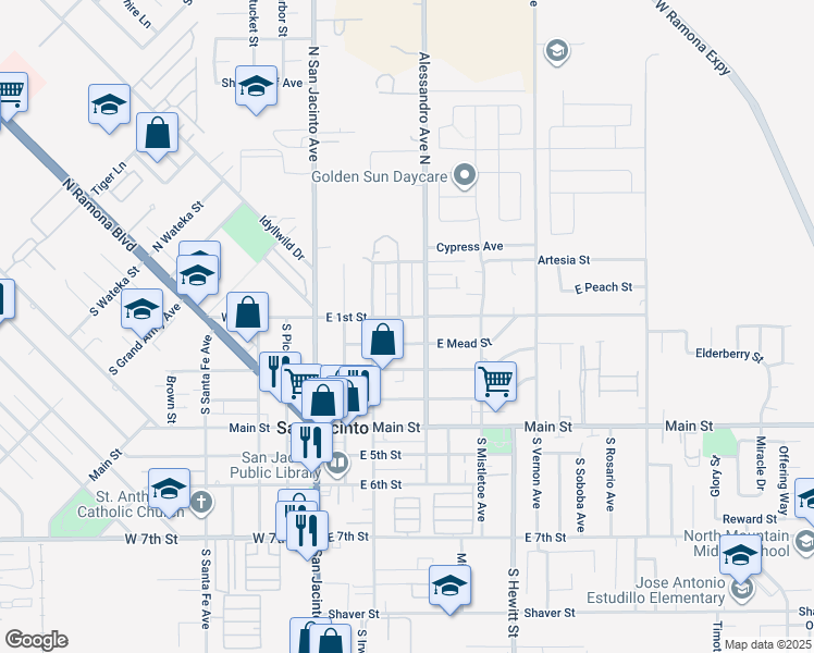 map of restaurants, bars, coffee shops, grocery stores, and more near 354 East 1st Street in San Jacinto