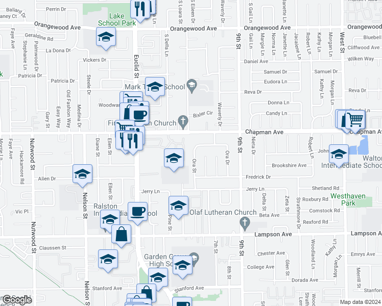 map of restaurants, bars, coffee shops, grocery stores, and more near 12091 Ora Street in Garden Grove
