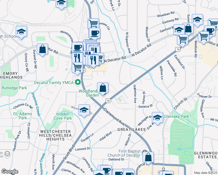 map of restaurants, bars, coffee shops, grocery stores, and more near 311 Scott Boulevard in Decatur