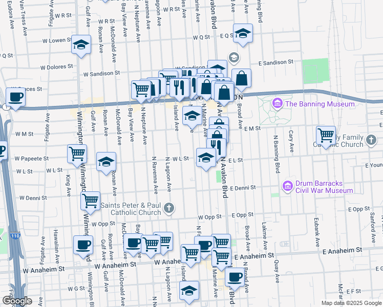 map of restaurants, bars, coffee shops, grocery stores, and more near 1207 North Fries Avenue in Los Angeles