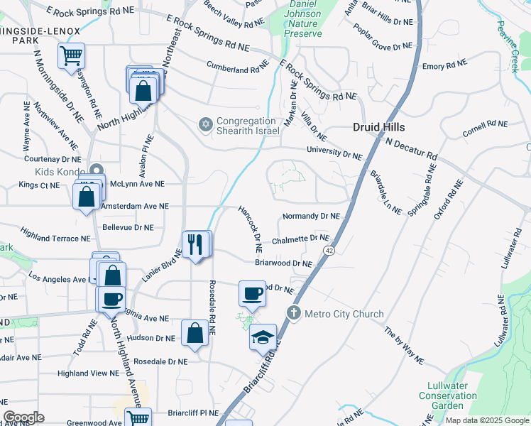map of restaurants, bars, coffee shops, grocery stores, and more near 1173 Hancock Drive Northeast in Atlanta