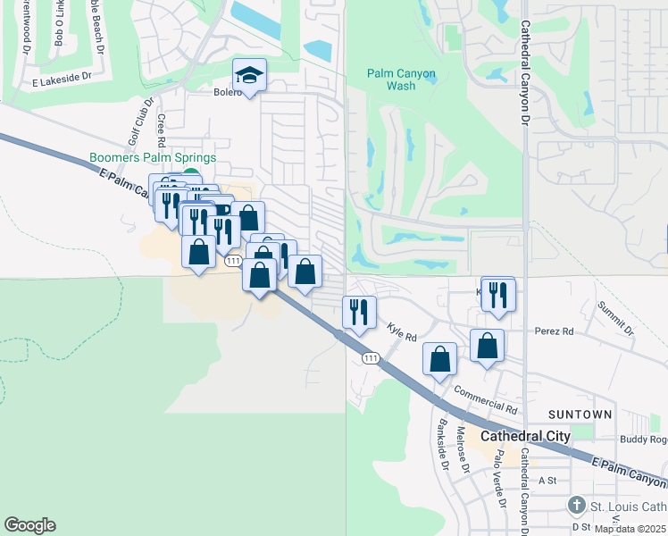 map of restaurants, bars, coffee shops, grocery stores, and more near 17 Wilson in Cathedral City
