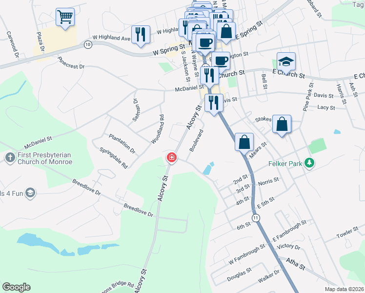 map of restaurants, bars, coffee shops, grocery stores, and more near 229 Alcovy Street in Monroe