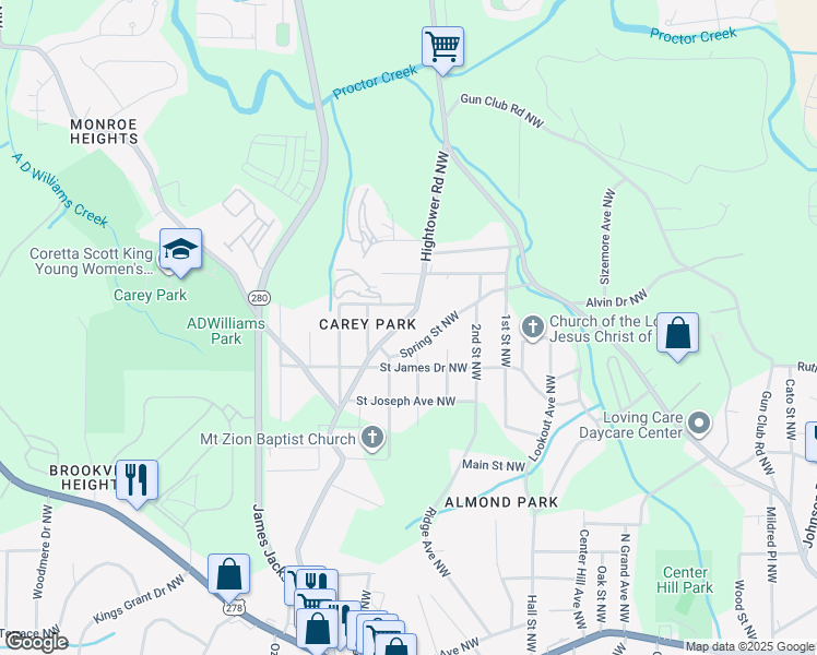 map of restaurants, bars, coffee shops, grocery stores, and more near 1185 Hightower Road Northwest in Atlanta
