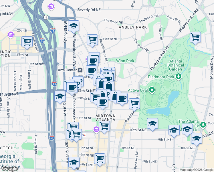 map of restaurants, bars, coffee shops, grocery stores, and more near 1197 Peachtree Street Northeast in Atlanta