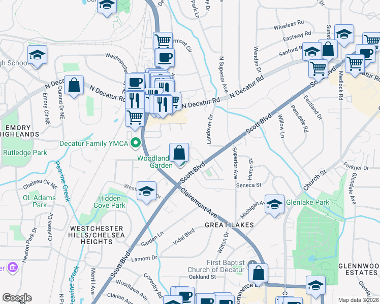 map of restaurants, bars, coffee shops, grocery stores, and more near 1010 Scott Boulevard in Decatur
