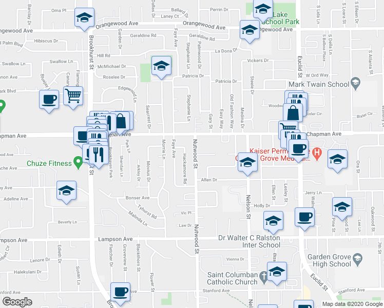map of restaurants, bars, coffee shops, grocery stores, and more near 10521 Paladium Avenue in Garden Grove
