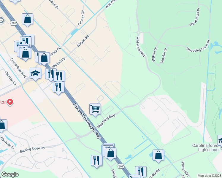 map of restaurants, bars, coffee shops, grocery stores, and more near 1041 Tee Shot Drive in Conway