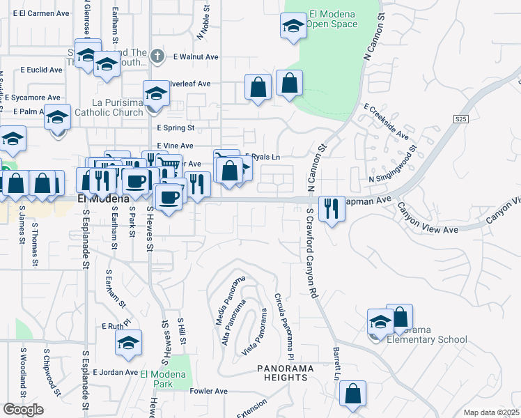 map of restaurants, bars, coffee shops, grocery stores, and more near 126 South Woodlawn Drive in Orange