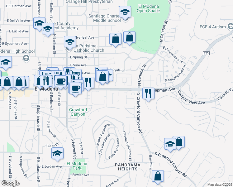 map of restaurants, bars, coffee shops, grocery stores, and more near 126 South Woodlawn Drive in Orange