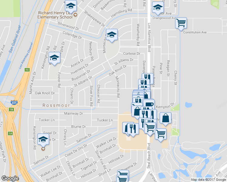 map of restaurants, bars, coffee shops, grocery stores, and more near 3242 Bradbury Road in Los Alamitos