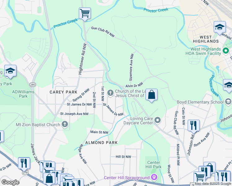 map of restaurants, bars, coffee shops, grocery stores, and more near 2353 North Circle Drive Northwest in Atlanta
