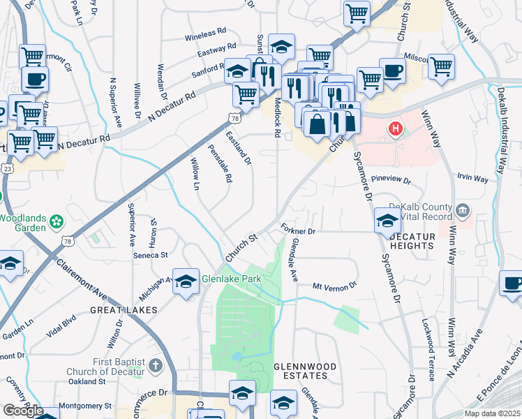 map of restaurants, bars, coffee shops, grocery stores, and more near 320 Eastland Drive in Decatur