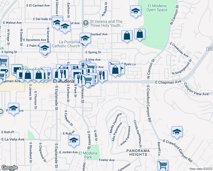 map of restaurants, bars, coffee shops, grocery stores, and more near 4900 East Chapman Avenue in Orange