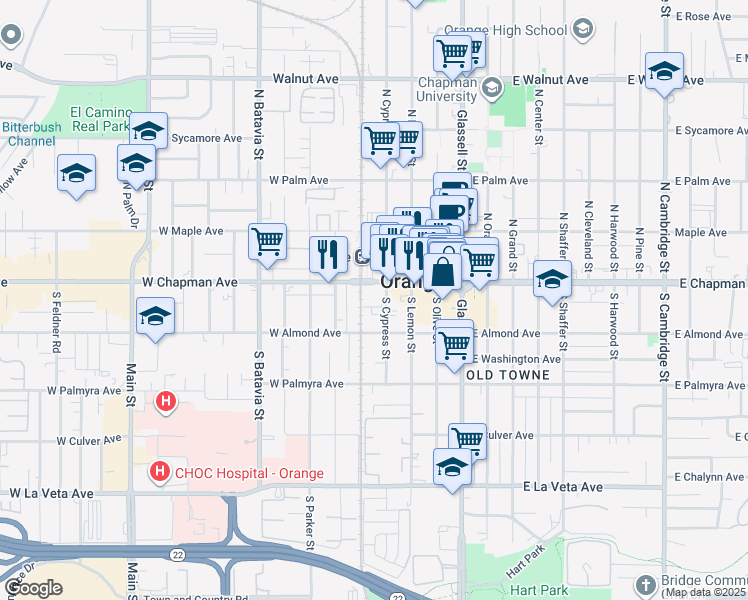 map of restaurants, bars, coffee shops, grocery stores, and more near 128 South Cypress Street in Orange