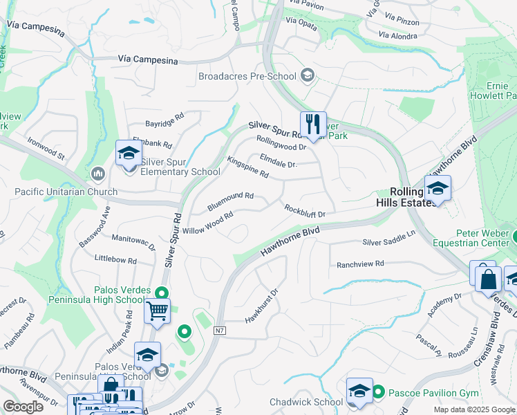 map of restaurants, bars, coffee shops, grocery stores, and more near 5123 Willow Wood Road in Rolling Hills Estates