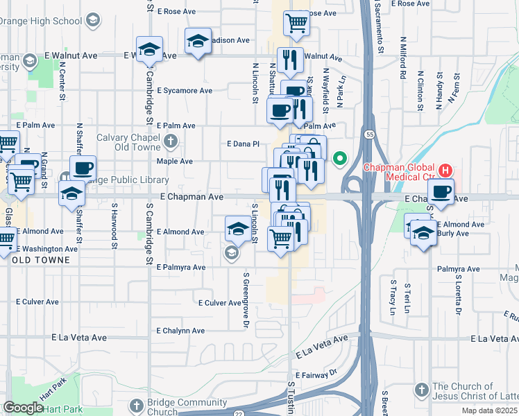 map of restaurants, bars, coffee shops, grocery stores, and more near 127 South Lincoln Street in Orange