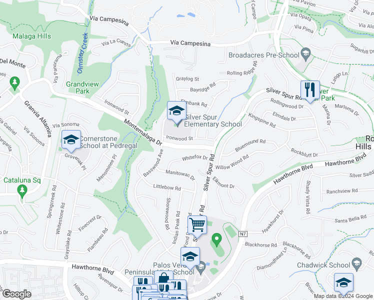 map of restaurants, bars, coffee shops, grocery stores, and more near 5420 Montemalaga Drive in Rancho Palos Verdes