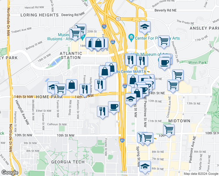 map of restaurants, bars, coffee shops, grocery stores, and more near 173 14th Street Northwest in Atlanta