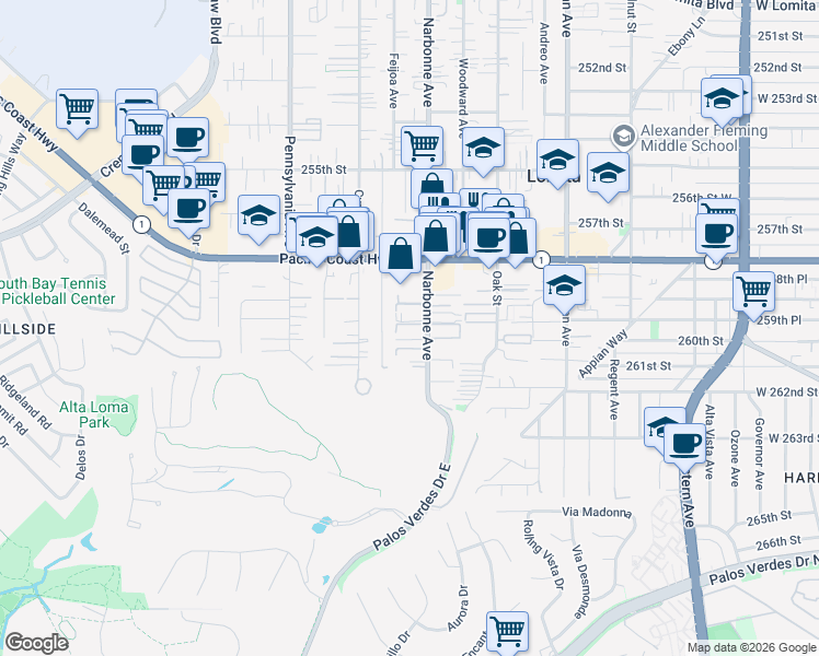 map of restaurants, bars, coffee shops, grocery stores, and more near 25925 Narbonne Avenue in Lomita