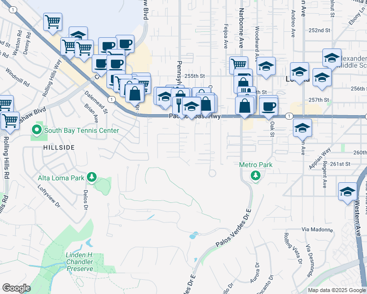 map of restaurants, bars, coffee shops, grocery stores, and more near in Lomita
