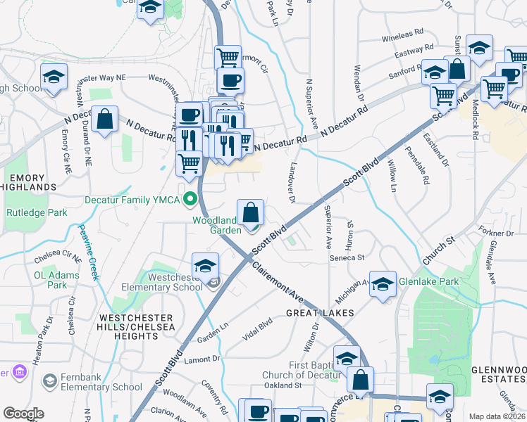 map of restaurants, bars, coffee shops, grocery stores, and more near 311 Scott Boulevard in Decatur